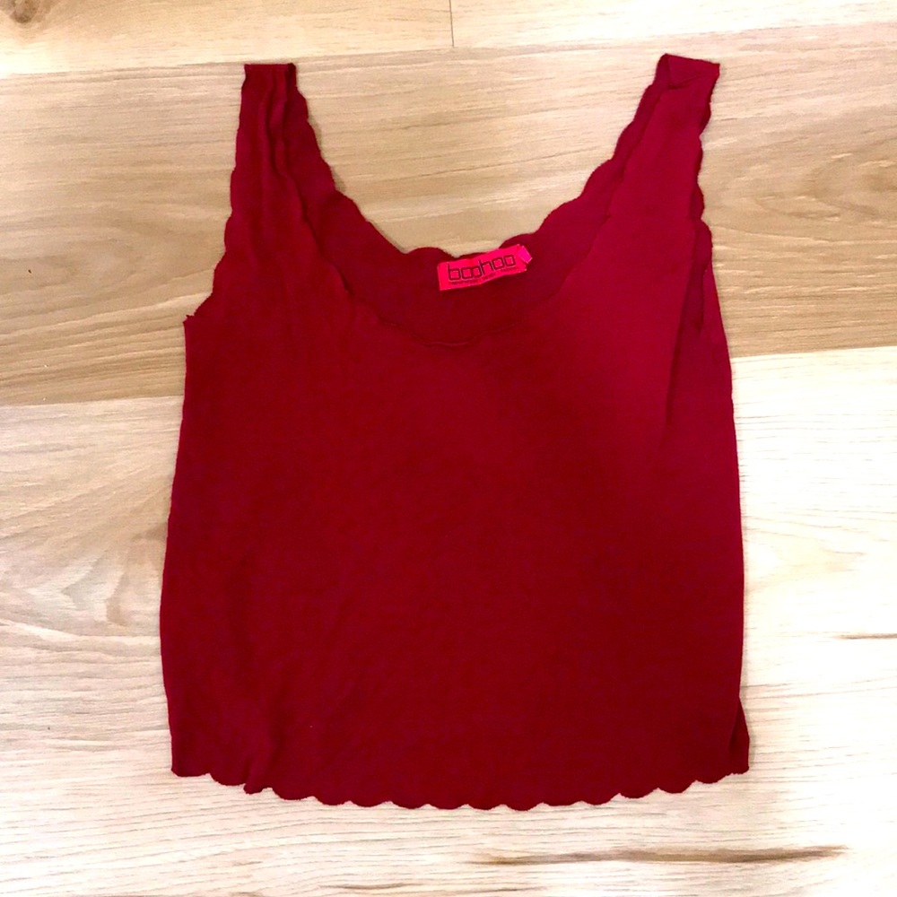 Boohoo wine red/burgundy camisole tank top with scalloped edges